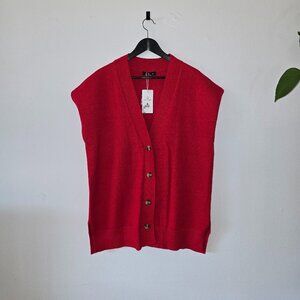 LILLUSORY Women V Neck Sweater Vest Oversized Long Cardigan - Medium - Red